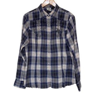 Harley Davidson Blue Cream Plaid Pearl Snap Long Sleeve Women's Shirt L
